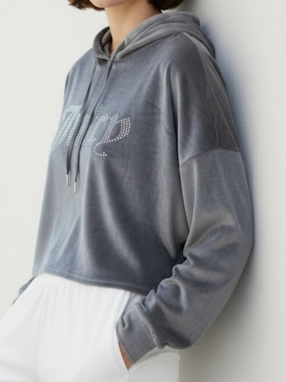 Juicy Couture Y2K Velour Cropped Hoodie Gray Rhinestone Logo | Size Medium